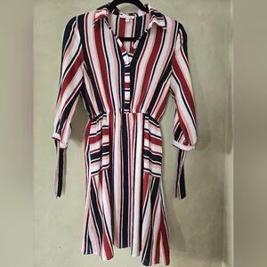 Monteau | Red and Black Midi Dress with Bold Stripes, Size S